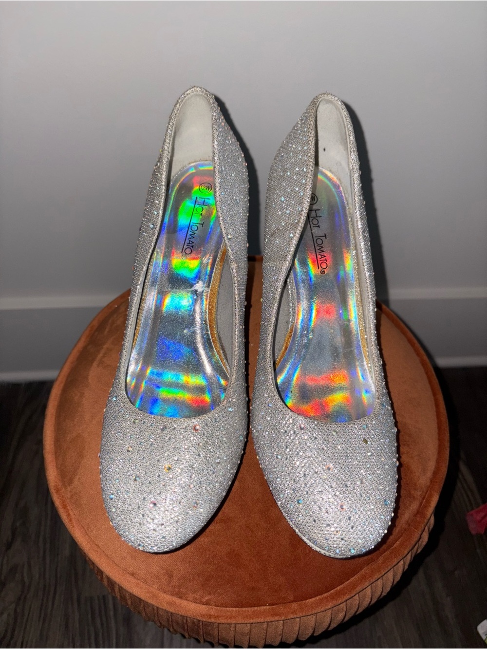 Hot Tomato Silver Glitter Pumps with Crystal Detail